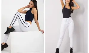 Dwie kobiety prezentują białe spodnie dresowe stylizacje. Jedna w czarnym topie i sneakersach, druga w czarnej bluzce bez rękawów i botkach.
