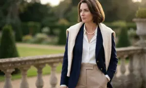 Elegancka kobieta w stylu "old money ubrania": granatowa marynarka, beżowe spodnie, biała koszula i perły.