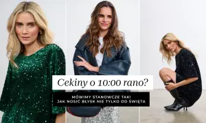 Kobiety w błyszczących kreacjach z cekinami. Jedna w zielonej sukience, druga w czarnej, a trzecia w skórzanej kurtce. Cekiny nosimy na co dzień!