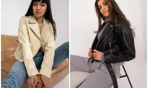 Dwie kobiety prezentują stylowe stylizacje z ramoneską: jedna w kremowej kurtce i jeansach, druga w czarnej ramonesce i szarych spodniach.