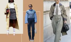 Kobiety prezentują styl preppy damski: trencz, krata, kamizelka, koszula, krawat, szerokie spodnie.