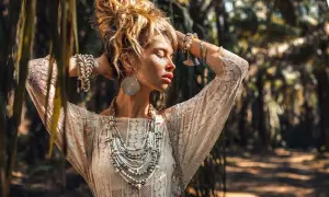 Kobieta w koronkowej sukience i bogatej biżuterii, uosobienie stylu boho. Jej stylizacje to kwintesencja wolności i natury.