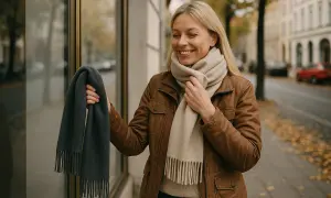 Kobieta w brązowej kurtce zastanawia się, jaki szalik do brązowego płaszcza wybrać. Ma w ręku ciemnoszary szalik, a na szyi beżowy.