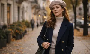 Elegancka kobieta w beżowym beretu i granatowym płaszczu, idealny przykład, jak nosić beret damski jesienią.
