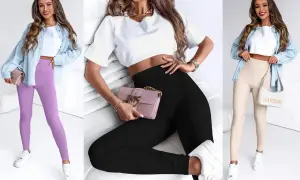 Trzy stylizacje z legginsami: fioletowymi, czarnymi i beżowymi. Zastanawiasz się, jaka bluzka do legginsów pasuje najlepiej? Zobacz inspiracje!