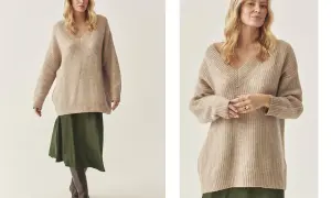 Eleganckie stylizacje ze swetrem: beżowy sweter z dekoltem V i zielona spódnica midi.