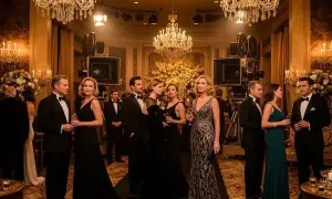 Elegancka gala w stylu hollywoodzkim. Gwiazdy w wieczorowych kreacjach pozują przy zabytkowych kamerach, w blasku kryształowych żyrandoli.