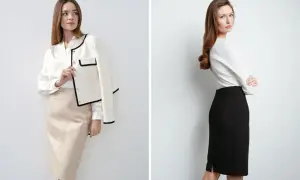 Dwie kobiety prezentują eleganckie stylizacje ze spódnicą ołówkową. Jedna w beżowej, druga w czarnej.