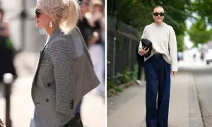 Eleganckie stylizacje z jeansami: kraciasty żakiet i szerokie spodnie.