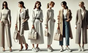 Sześć kobiet prezentuje stylizacje, od eleganckich po **elegancki casual**. Widać płaszcze, garnitury, sukienki i spodnie w stonowanych kolorach.