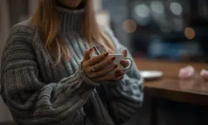 Ciepły, gruby sweter z golfem otula ramiona. Dłonie z rudym lakierem trzymają kubek z kawą. Jak sprawić, by wełna nie gryzła?