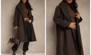 Elegancki czekoladowy płaszcz w stylizacjach. Modelka prezentuje modny look z brązową bluzką, czarnymi spodniami i botkami.