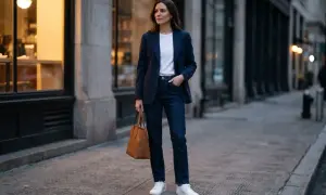 Kobieta w granatowej marynarce i jeansach, z brązową torbą, prezentuje styl smart business casual.