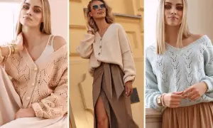 Trzy kobiety w swetrach. Jedna w beżowym, druga w kremowym, a trzecia w błękitnym. Złoty sweter jest na pierwszym planie.