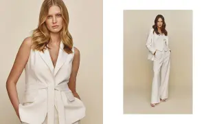 Elegancka stylizacja z białą marynarką bez rękawów i szerokimi spodniami. Druga modelka prezentuje komplet z białą marynarką.