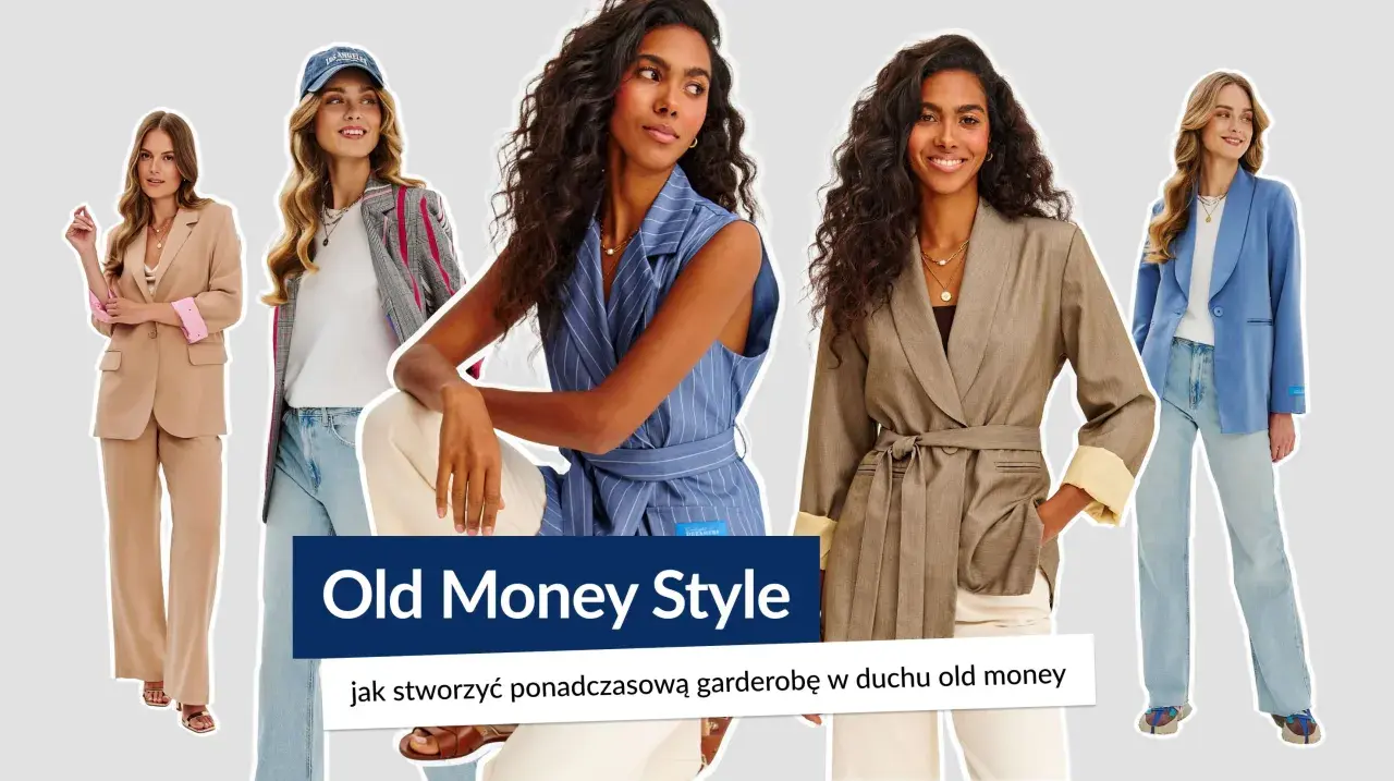 Pięć kobiet prezentuje stylizacje w duchu old money: garnitury, marynarki i eleganckie spodnie.