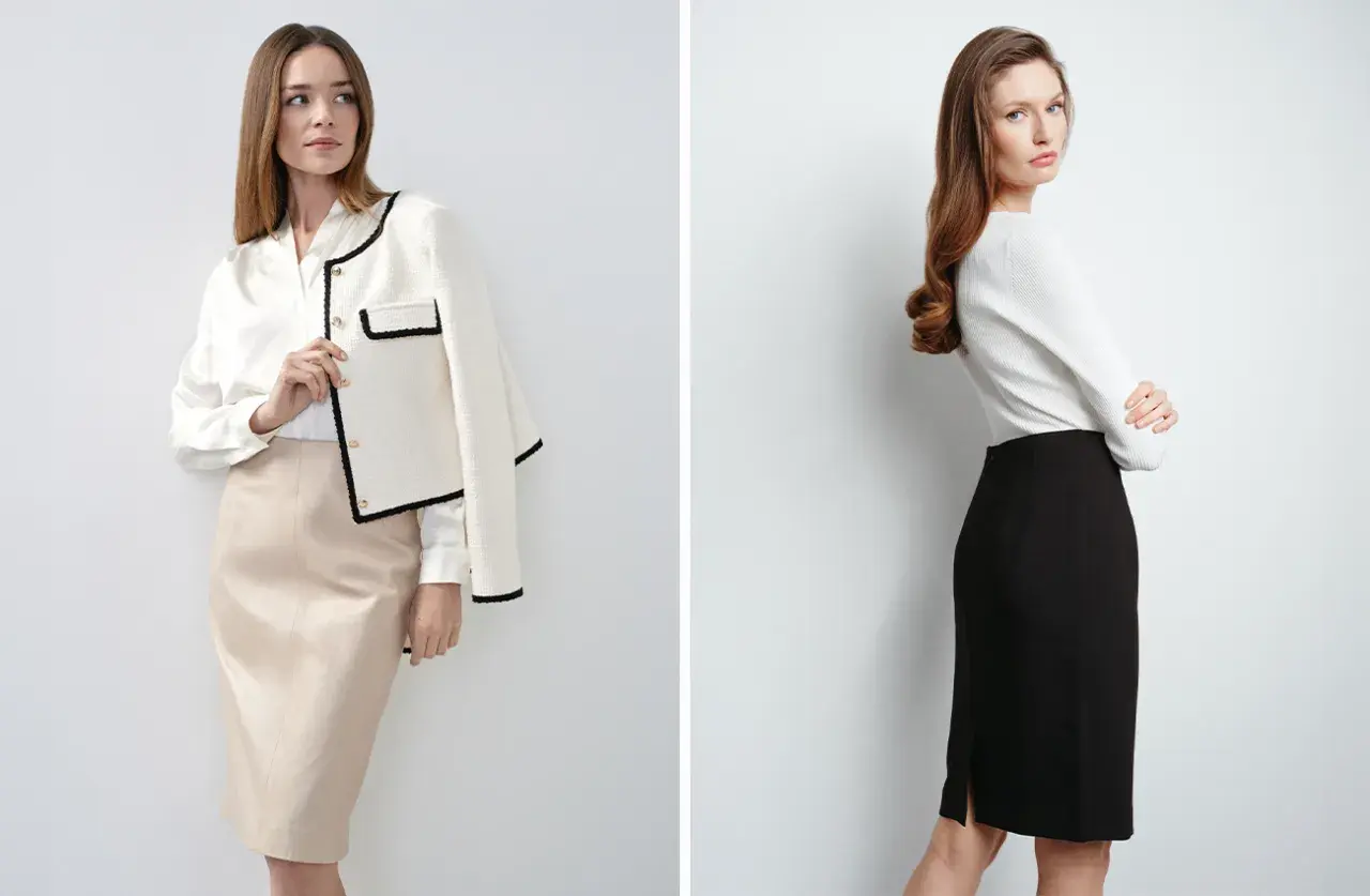 Dwie kobiety prezentują eleganckie stylizacje ze spódnicą ołówkową. Jedna w beżowej, druga w czarnej.