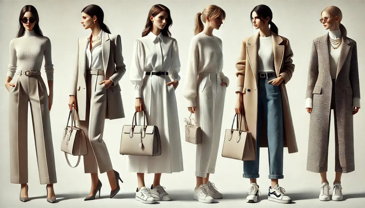 Sześć kobiet prezentuje stylizacje, od eleganckich po **elegancki casual**. Widać płaszcze, garnitury, sukienki i spodnie w stonowanych kolorach.