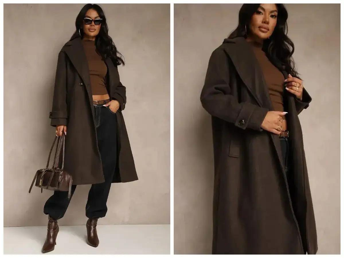 Elegancki czekoladowy płaszcz w stylizacjach. Modelka prezentuje modny look z brązową bluzką, czarnymi spodniami i botkami.