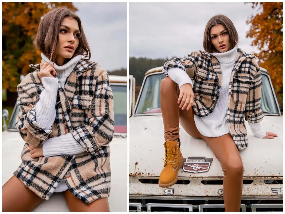 Elegancki golf damski w kratę i biały sweter to idealny zestaw na jesień. Zobacz, jak nosić golf damski w stylowy sposób.