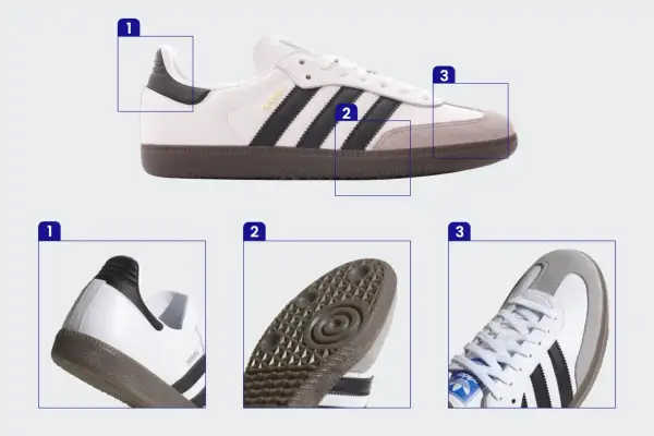 Klasyczne sneakersy Adidas Samba z trzema paskami i gumową podeszwą. Różnią się od innych sneakersów detalami.