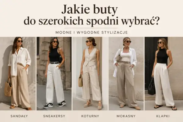 Pięć stylizacji z szerokimi spodniami: sandały, sneakersy, koturny, mokasyny i klapki. Idealne buty do szerokich spodni na co dzień.