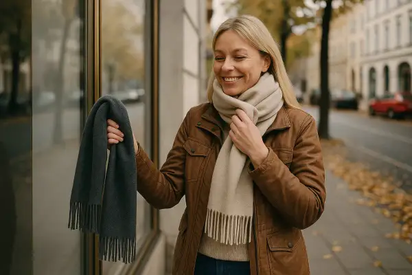 Kobieta w brązowej kurtce zastanawia się, jaki szalik do brązowego płaszcza wybrać. Ma w ręku ciemnoszary szalik, a na szyi beżowy.
