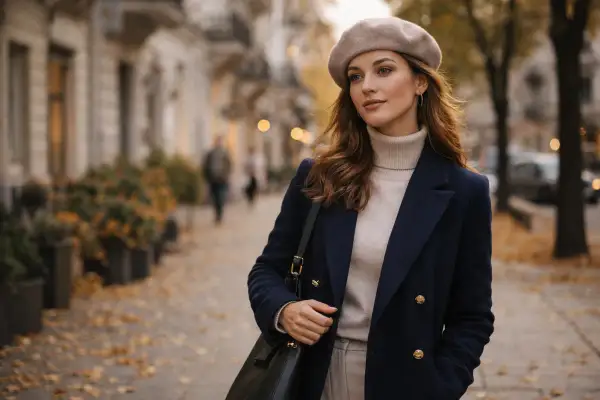 Elegancka kobieta w beżowym beretu i granatowym płaszczu, idealny przykład, jak nosić beret damski jesienią.