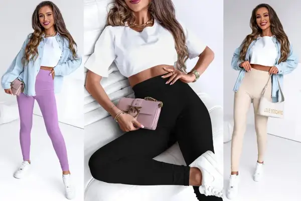 Trzy stylizacje z legginsami: fioletowymi, czarnymi i beżowymi. Zastanawiasz się, jaka bluzka do legginsów pasuje najlepiej? Zobacz inspiracje!